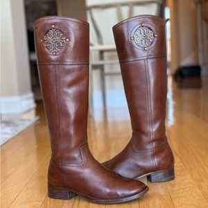 TORY BURCH "KIERNAN" BROWN TUMBLED LEATHER LOGO RIDING BOOTS SIZE: 6.5 ORIG $475